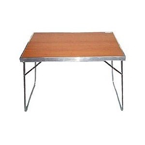 Folding camping table with timber coloured top