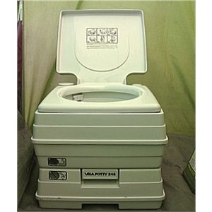 A porta-pottie inside a tent