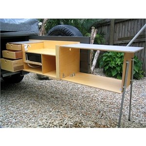 A tailgate swing-out kitchen and bench