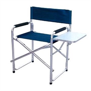 A camp chair with built-in side table