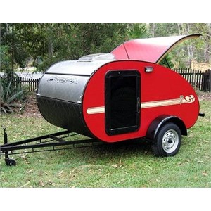 Red teardrop camper