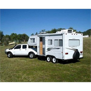 Venture Fifth Wheel caravan being towed by a Nissan Navara