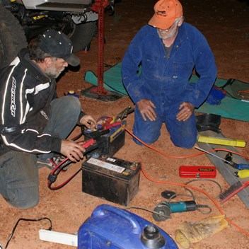 MJ and Scott getting the batteries hooked up for welding.