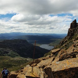 track marker on the climb to the summit of Cradle Mountain in Tasmania