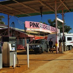 filling up the thirsty Navara at Oodnadatta Pink Roadhouse