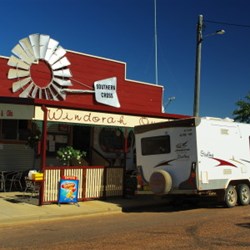 the General Store in Windorah with our vehicles at the diesel pump