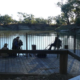 Crew making a travel promo for the Darling River area.