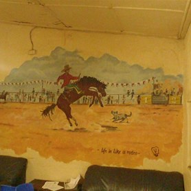 Some of the art covered walls of the Family Hotel