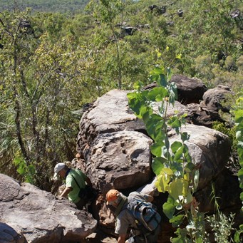 JayDub and Gaby climbing down 