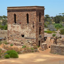 Looking down on the old ruins from the tailings dump