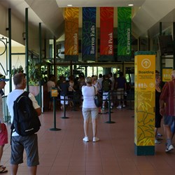 Tourists lined up to take the Skyrail back to Cairns 