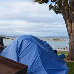 blue tarp draped tent...not the prettiest camp!
