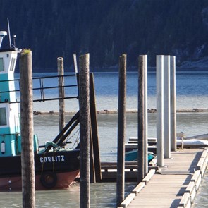 Jetty with log tenders (the boats that shepherd the floating masses of timber)