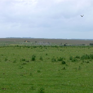 Stonehenge merges into the haze over the rolling chalk downs