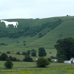 One of several white horses carved into the chalk hills.