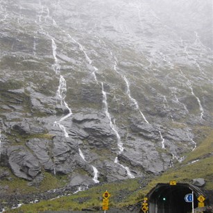 Rain cascading down at the Homer Pass