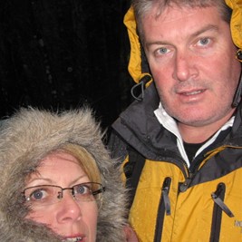 Mick and Vikk rugged up on the boat