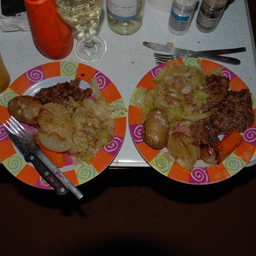 Ahhh dinner! Rissoles, Spuds and Cabbage with bacon.