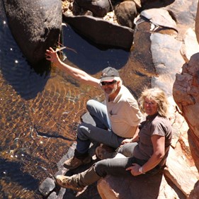 Jaydub and Suze resting by the top pool.