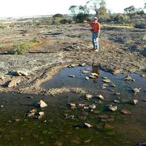 Pools of water are dotted over the rock surface
