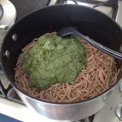 About to mix the sauce with the drained pasta