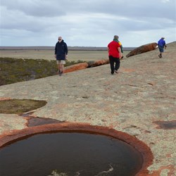 a circular pool of water on top of the rock