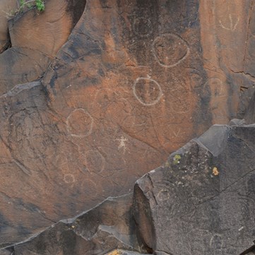 The Main Aboriginal Rock Engravings wall at Sacred Canyon