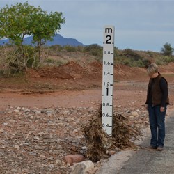 Fiona examines the depth gauge at the Brachina Overflow