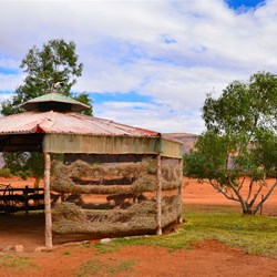 A rustic camp kitchen in a scenic location