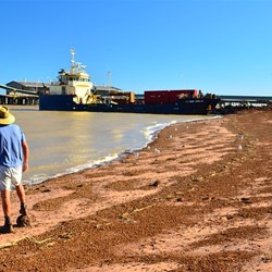 attempting to fish and watching the boat traffic