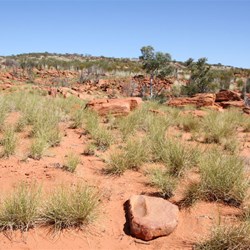Grinding stone and view across arid Mount Hughes