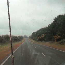 Ali's view of Fisheries Road through the wet windscreen.  Notice the Christmas trees at the side of the road