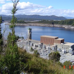Gordon Switchyard and Inlet tower at the rear. Turbines are in a cavern cut into the rock 130 Mtres below the building. 
