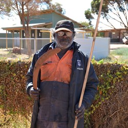 Aboriginal Elder, Bruce Hogan displays traditional items that he still makes and uses