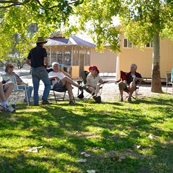 afternoon get together in the shade of a tree near the Shearers Quarters