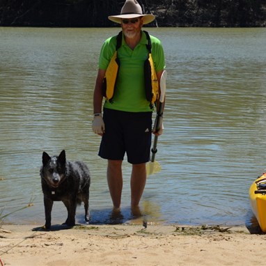 Millie, our faithful 15 year old Blue Healer greets me after one of my kayak paddles