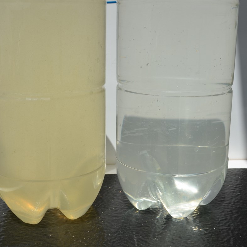 Left sample is straight from the Murray and Right settled Murray water after only 6 hours using Epsom Salts
