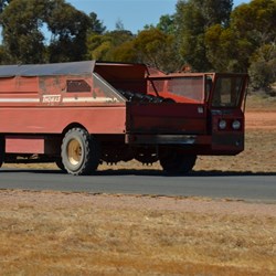 Strange Almond harvesting vehicle on the road at Lindsay Point