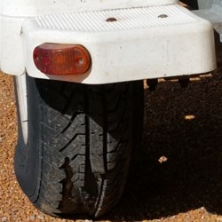 Shredded trailer tyre - view from front