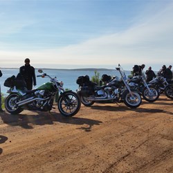 a large group of older 'bikies' at the lookout at Bremer Bay