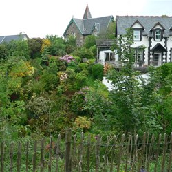 Colourful gardens on the steep slopes of Oban, western Scotland.