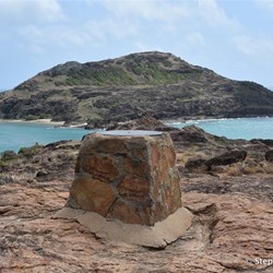 The stone cairn and the York Island in the background