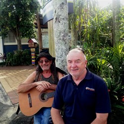 Danny and Pete while Danny took a break from busking in Maleny's main street.