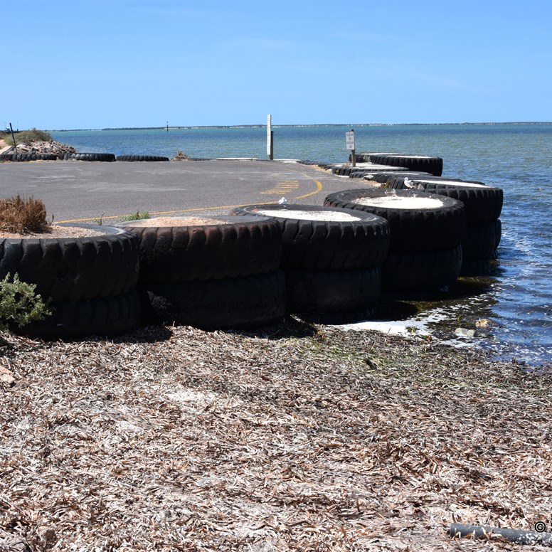 Large tyres used to build up the area at the Boat Ramp
