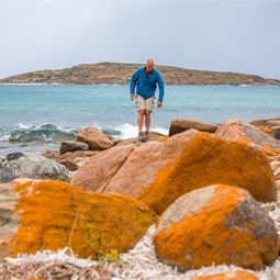 Orange lichen rocks at the front of the campsite