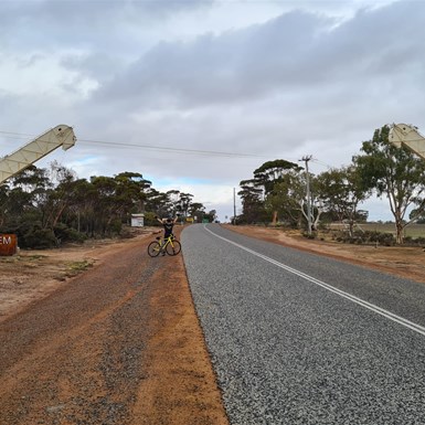 Michelle at the welcome gate to Wyalkatchem
