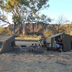 Our camp in the shadows of the Devonian walls.