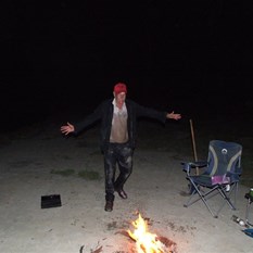 Hugh, returning to the fire after his late night dip.  What a legend!
