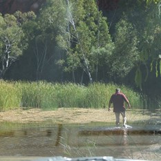 Wading the Kalgan river looking for the track west.