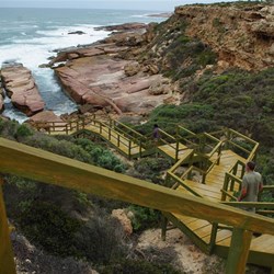 steps leading to the Woolshed cave and interesting rock platform